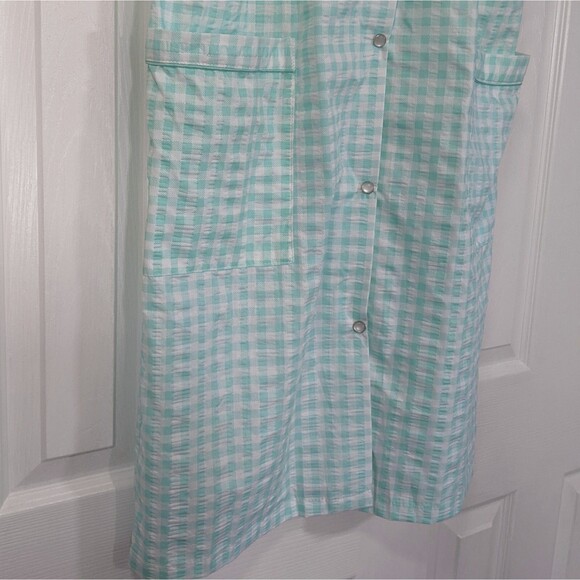 Elegant Emily Duster House Coat Robe S Mint Green Gingham Plaid Pearl New NWT - Picture 5 of 10
